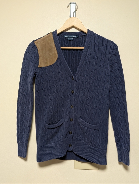 Ralph Lauren Sweaters - Ralph Lauren Cable Knit Cardigan Navy Suede Shoulder Patch Size M
